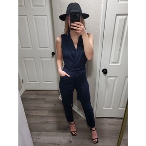 H&M Navy Blue Tie Waist Jumpsuit With Lapels & Pockets
